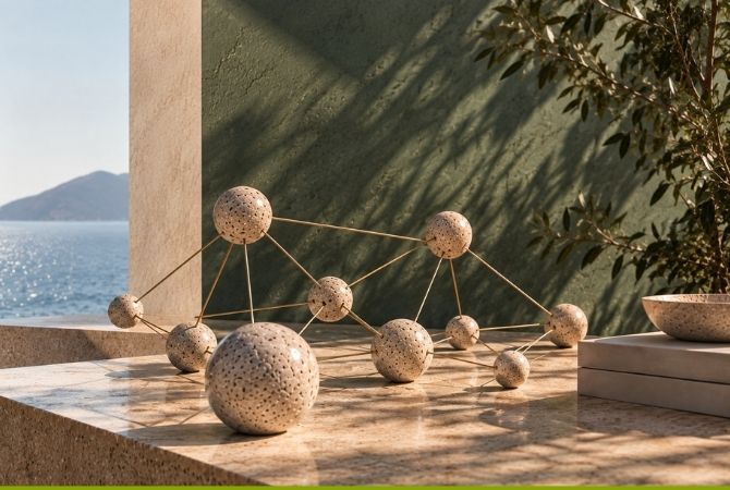 A network of connected sculptural spheres